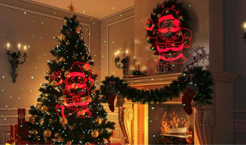 Christmas laser light projector creating a colorful festive holiday light display