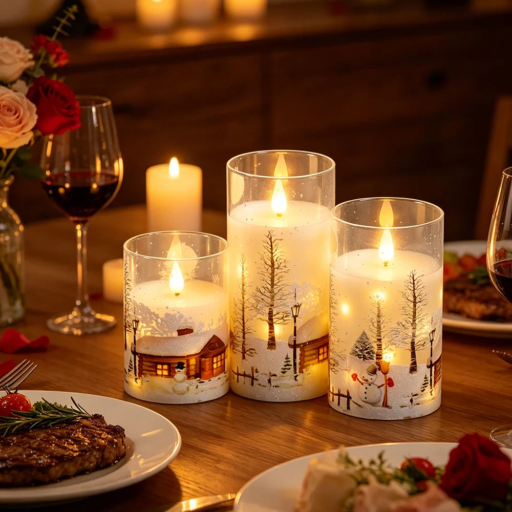 3in Glass Paraffin Built In String Light Print LED Flameles