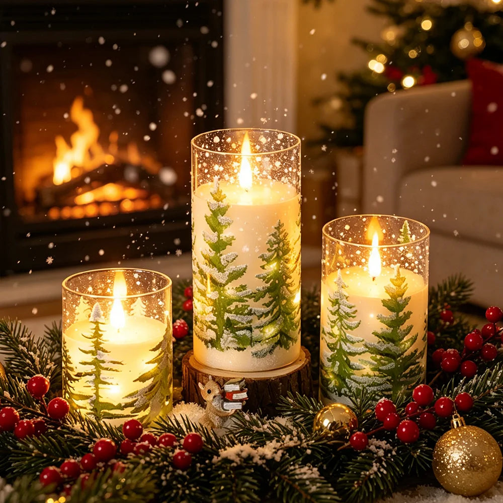 3in Glass Paraffin Built In String Light Print LED Flameles